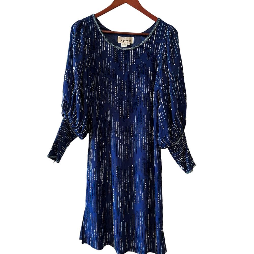 Vintage Argenti Long Sleeve Evening Dress Cobalt Blue Beaded Silk 4